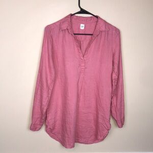 GAP Women’s Linen Pink Collared Split Neck Popover Long Sleeve Shirt Tunic